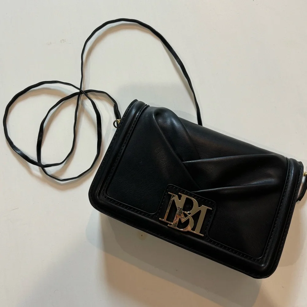 Badgley Mischka Black Leather Crossbody with Gold Logo Plate